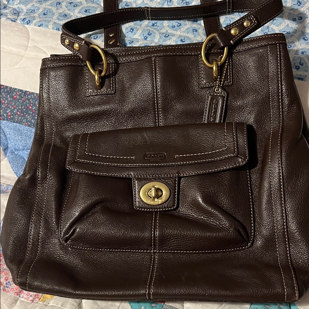 Coach Dark Brown Leather Shoulder Tote with Turnlock Pocket